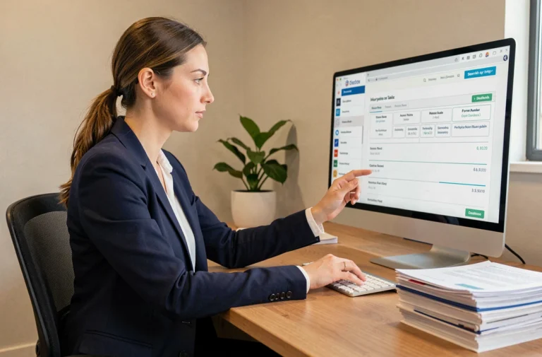 Femme professionnelle naviguant sur un plan de site financier depuis son bureau moderne
