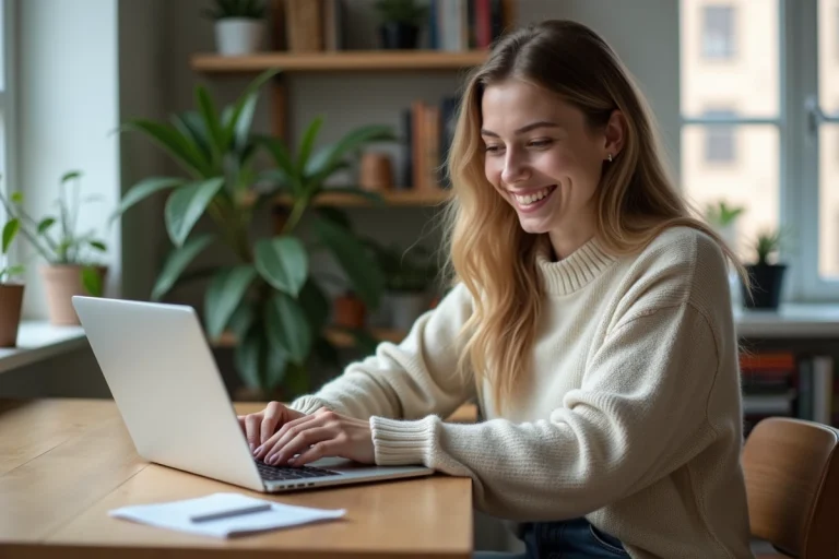 Jeune femme souriante utilise un ordinateur portable dans un appartement lumineux