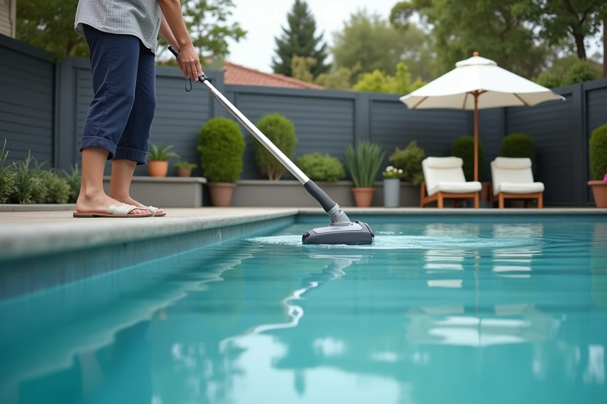 Femme nettoyant le fond d'une piscine avec un balai aspirateur relié à une prise murale dans un jardin moderne