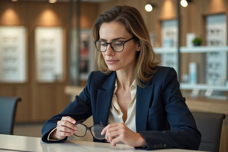 Femme en blazer navy examinant des lunettes optiques