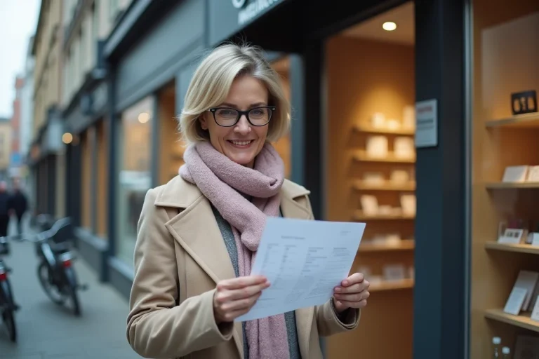 Femme souriante avec lunettes devant magasin optique
