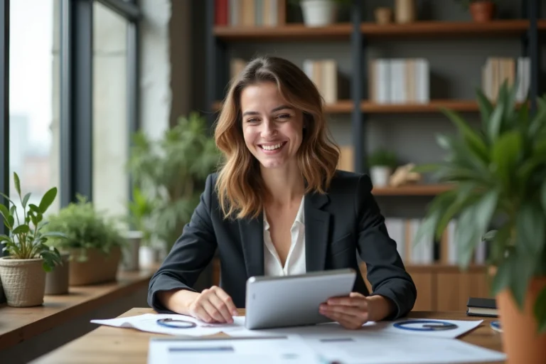Femme souriante dans un bureau moderne avec documents et tablette