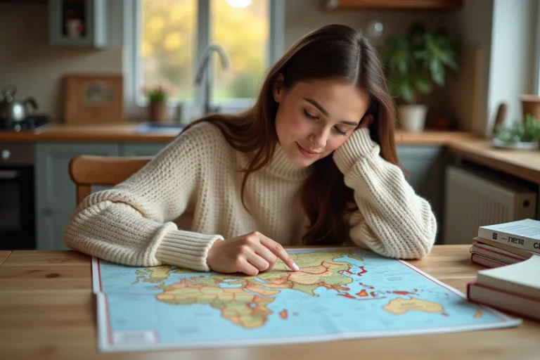 Femme consultant une carte papier pour planifier un voyage ou une escapade, entourée de guides de voyage et de notes manuscrites