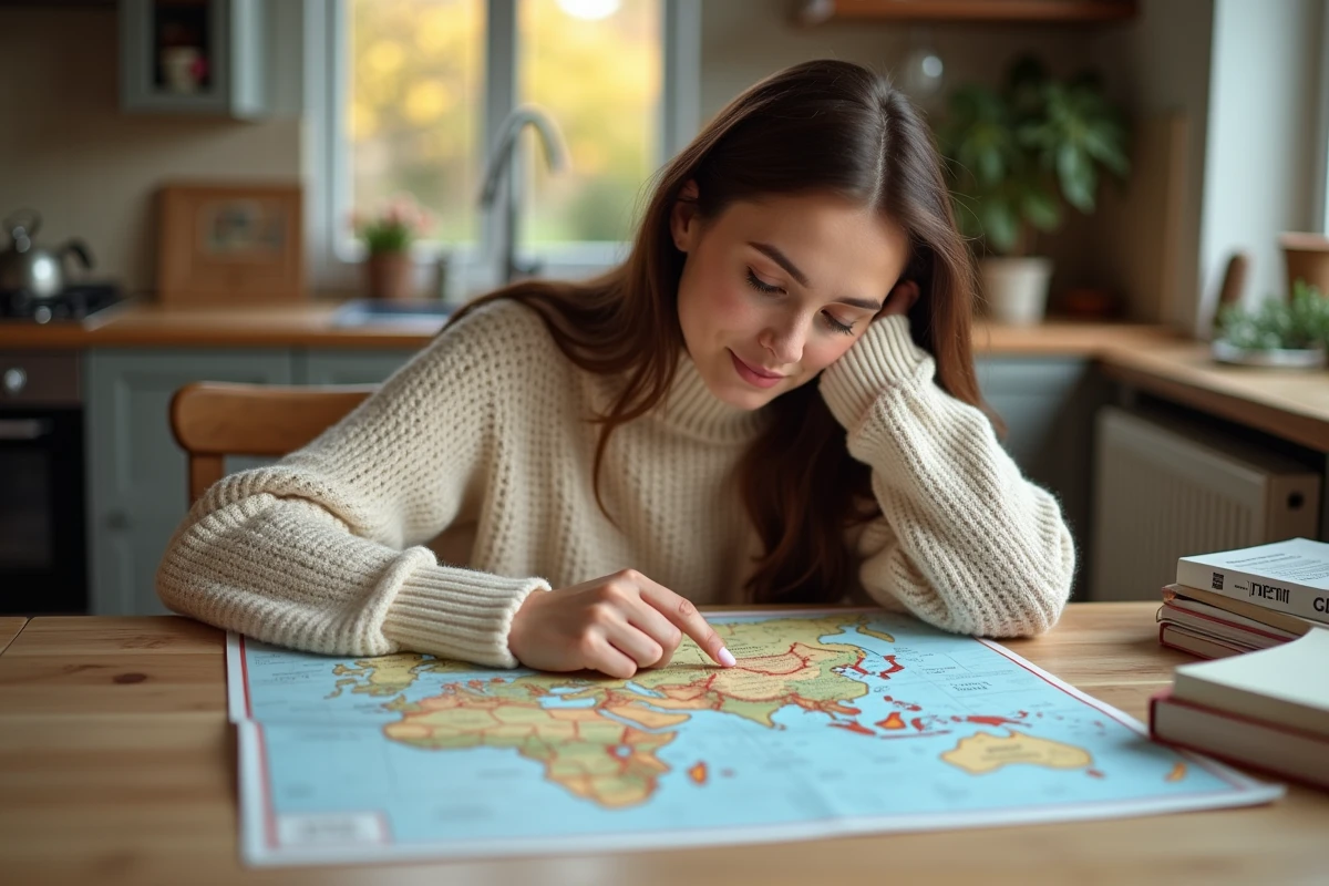 Femme consultant une carte papier pour planifier un voyage ou une escapade, entourée de guides de voyage et de notes manuscrites