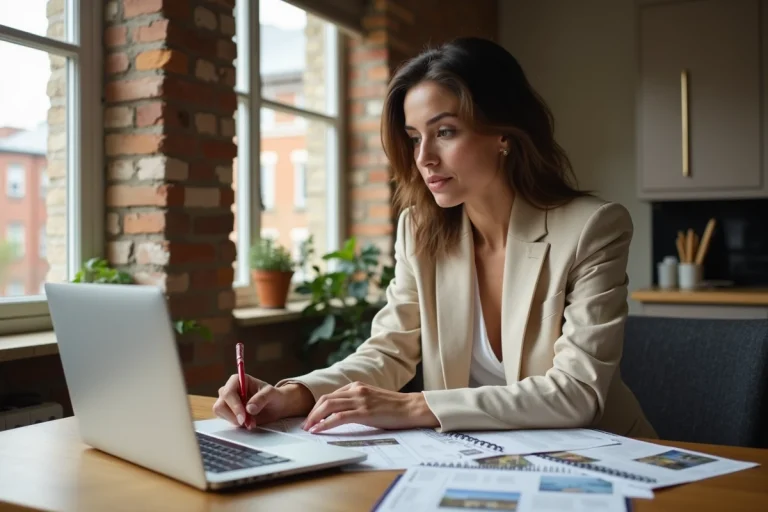 Femme consultant des annonces de location immobilière sur ordinateur et documents papier dans un appartement moderne