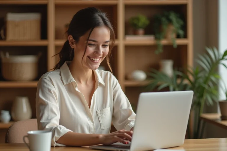Femme parcourant des boutiques en ligne créatives sur un ordinateur portable dans un bureau à domicile chaleureux et artistique