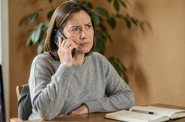 Femme au téléphone contactant un centre de soins et accompagnement en ligne depuis son bureau à domicile