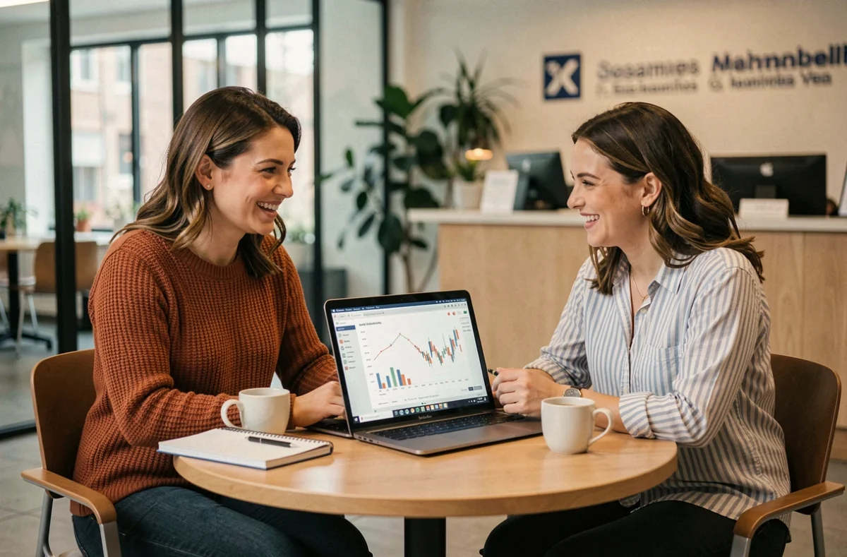Deux femmes entrepreneurs collaborant sur un projet financier dans le salon d'une couveuse d'entreprises