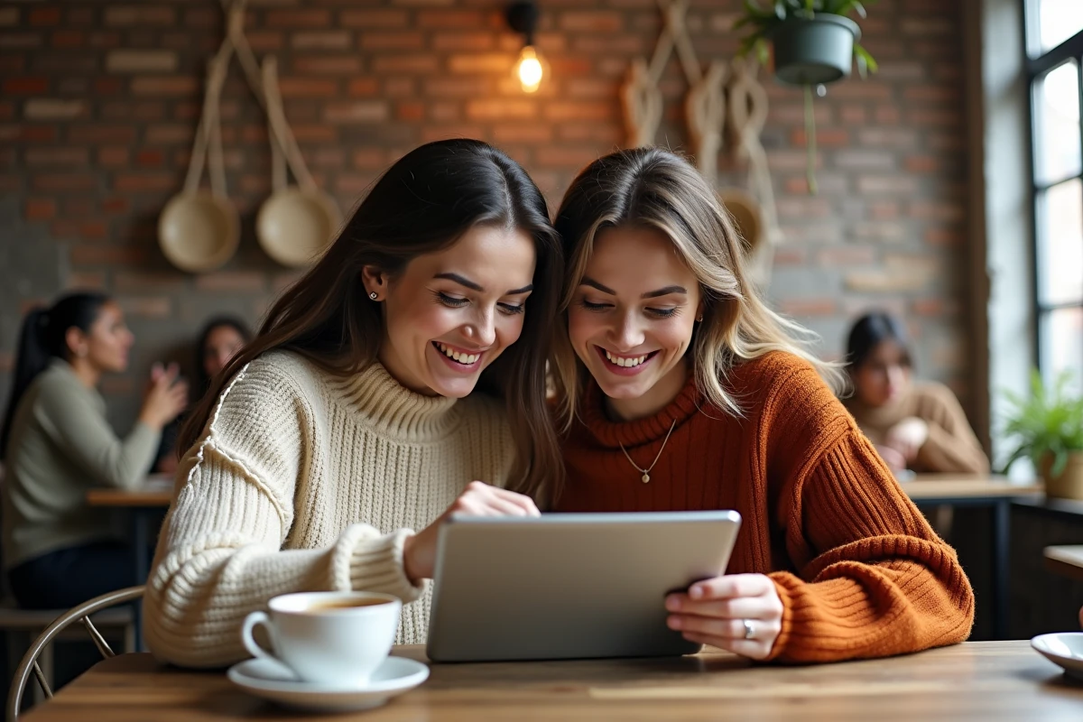 Deux femmes explorant ensemble des boutiques en ligne créatives et uniques autour d'une tablette dans un café artisanal