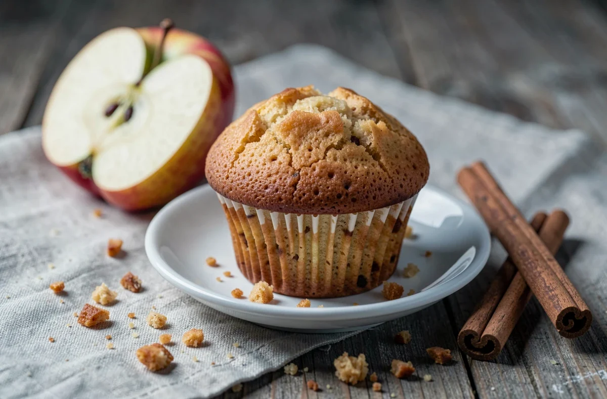 Gros plan d'un muffin aux pommes moelleux sur une assiette blanche avec une pomme coupée et une cannelle sur une table en chêne