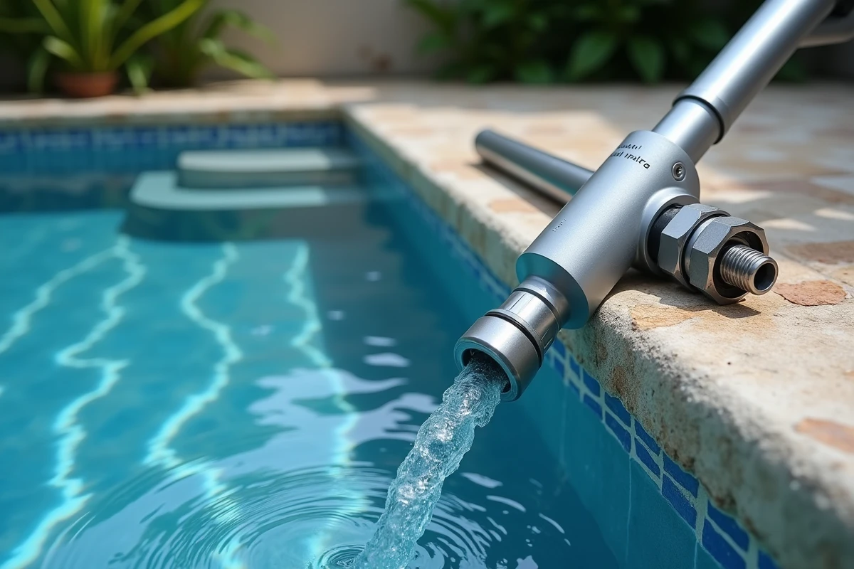 Gros plan sur la connexion d'un tuyau flexible à une prise balai de piscine sur une margelle en pierre naturelle