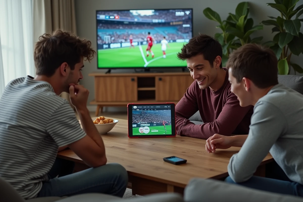 Groupe d'amis comparant des alternatives aux plateformes de paris sportifs sur une tablette dans un salon