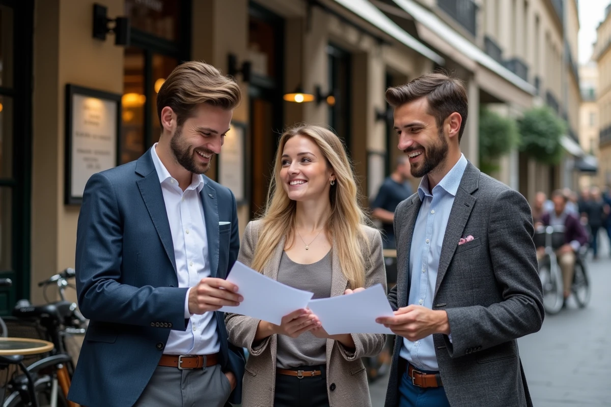 Groupe d entrepreneurs discutant en extérieur à Paris