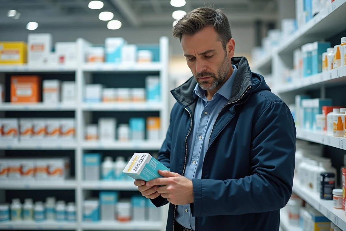 Homme analysant un complément minceur en pharmacie avant achat