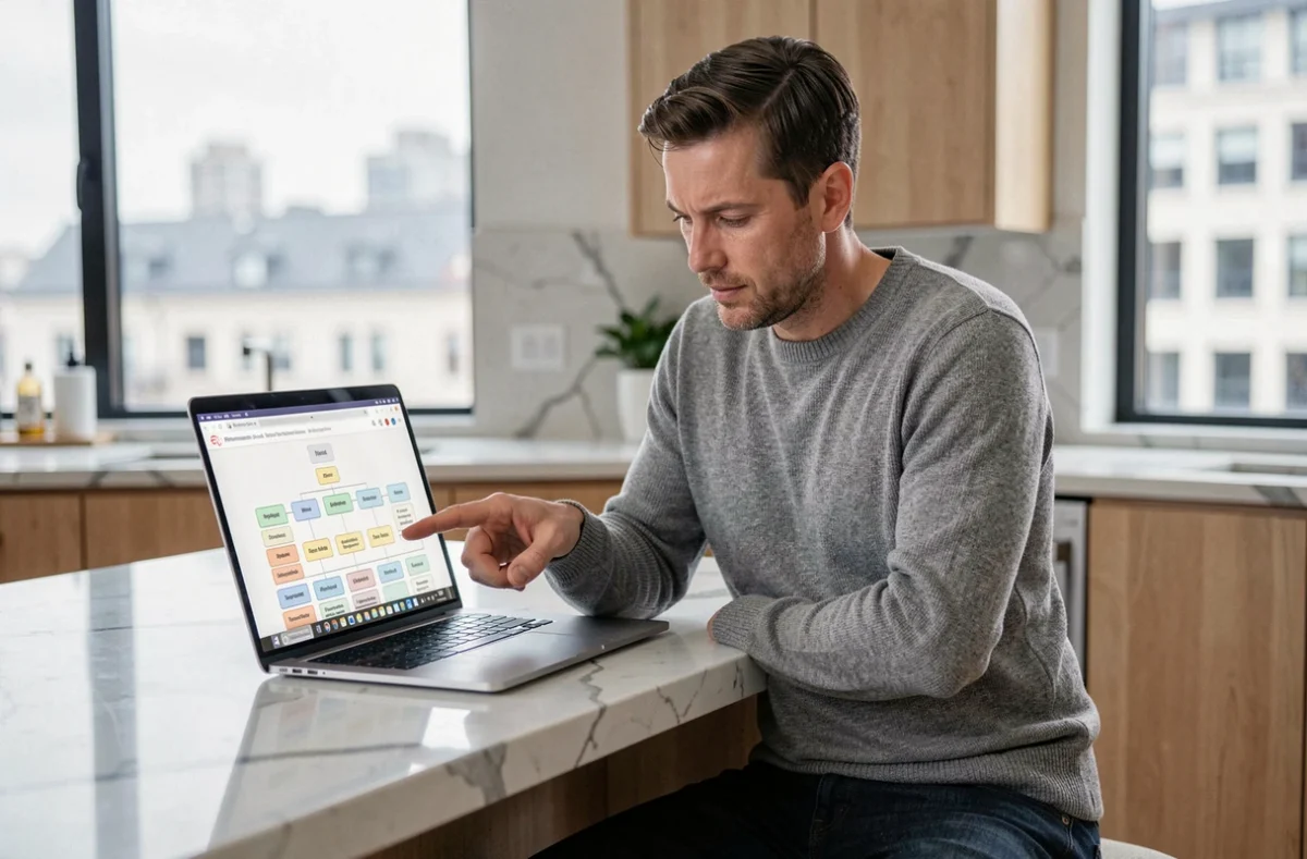 Homme analysant le plan de site d'une plateforme de ressources financières depuis chez lui