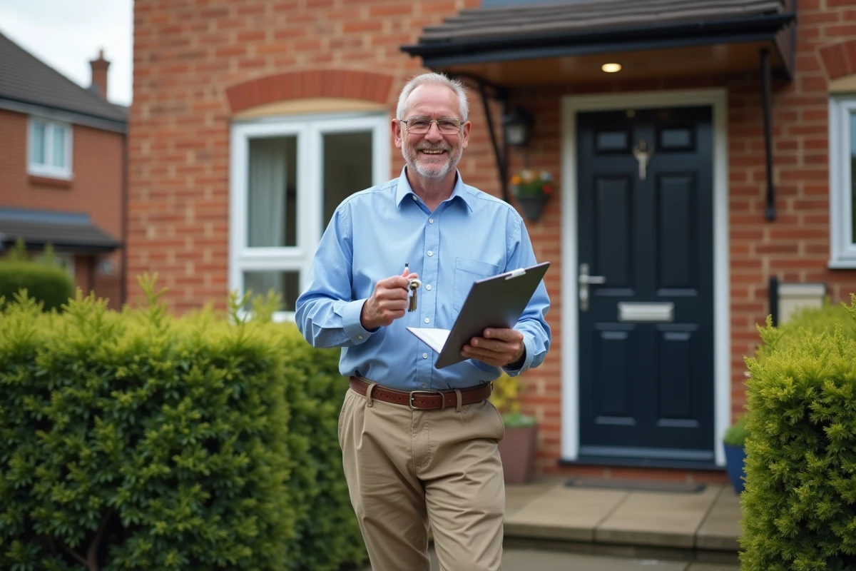 Homme tenant des clés devant une maison rénovée