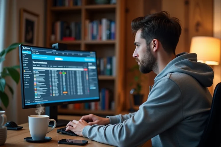 Homme comparant des sites alternatifs de paris sportifs en ligne sur un écran d'ordinateur à son bureau