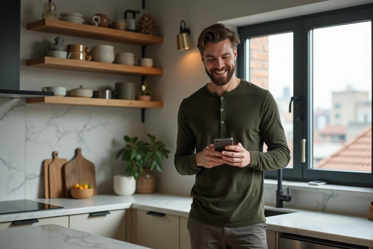Homme découvrant des produits artisanaux uniques sur une boutique en ligne depuis son appartement moderne