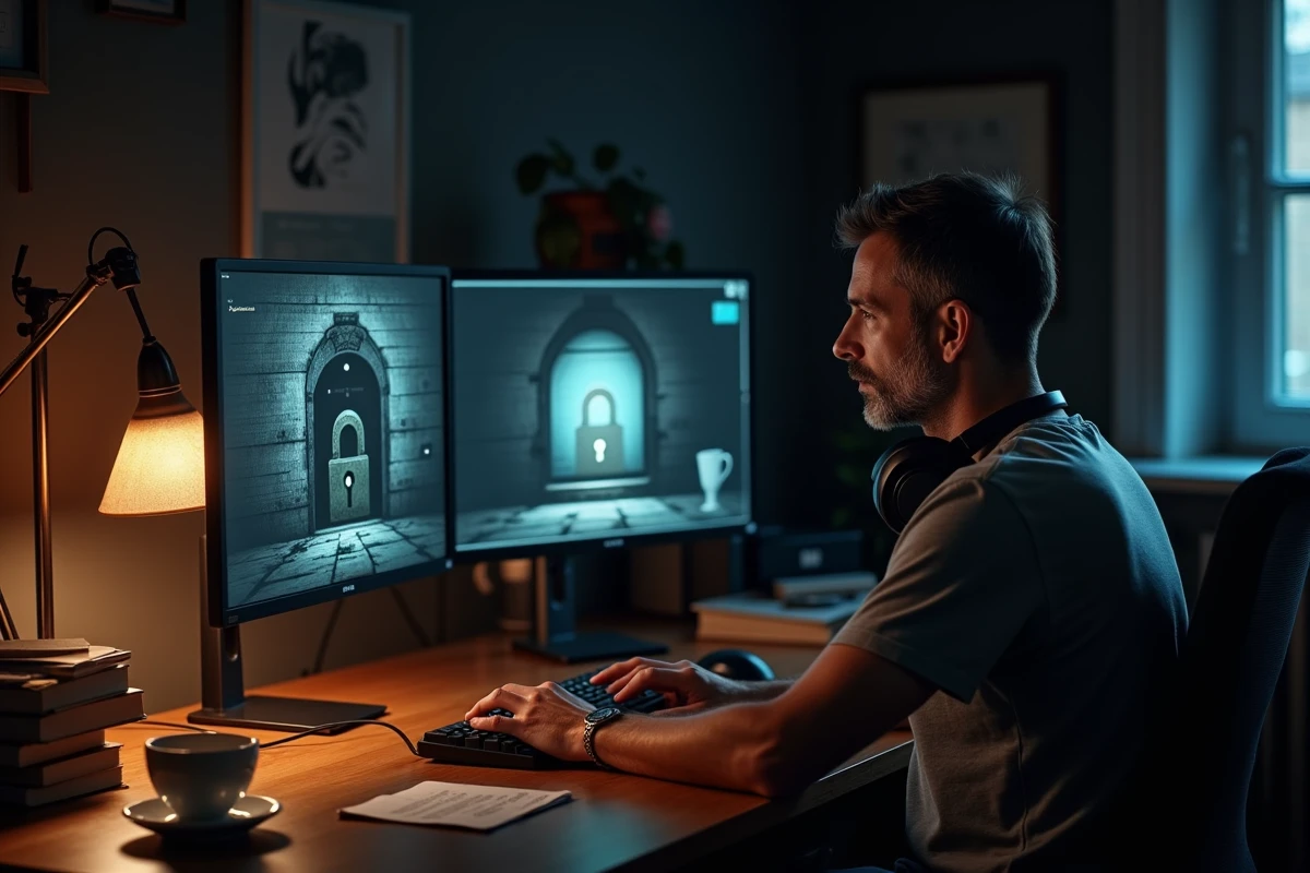 Homme adulte seul la nuit résolvant des énigmes d'un escape game en ligne sur un double écran dans un bureau sombre et mystérieux