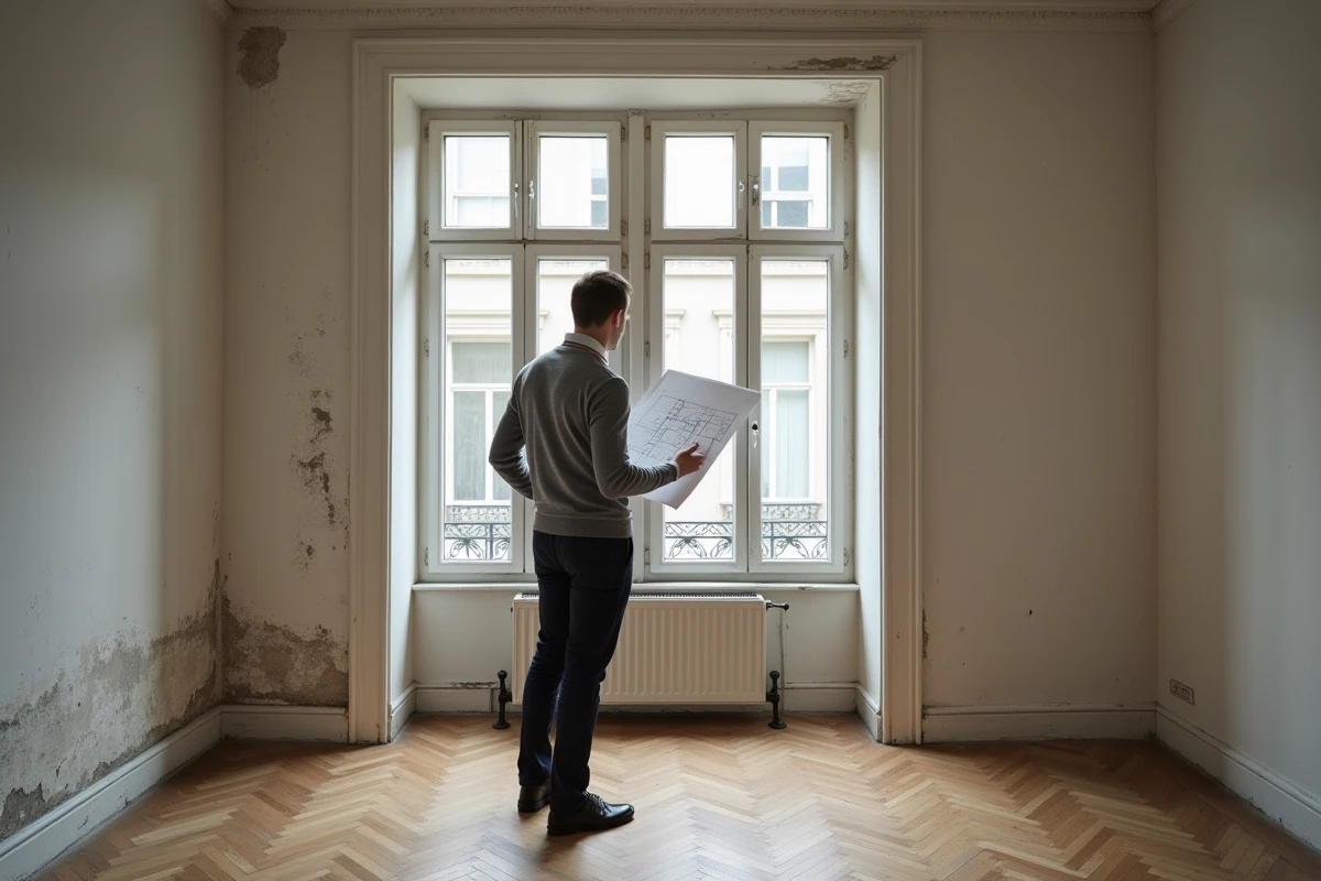 Homme examinant un appartement vide à louer avec parquet en chevrons et grandes fenêtres donnant sur une cour