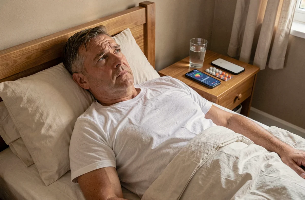 Homme de 52 ans allongé dans son lit regardant le plafond avec fatigue, médicaments sur la table de nuit, symptômes inhabituels du Covid variant septembre 2026