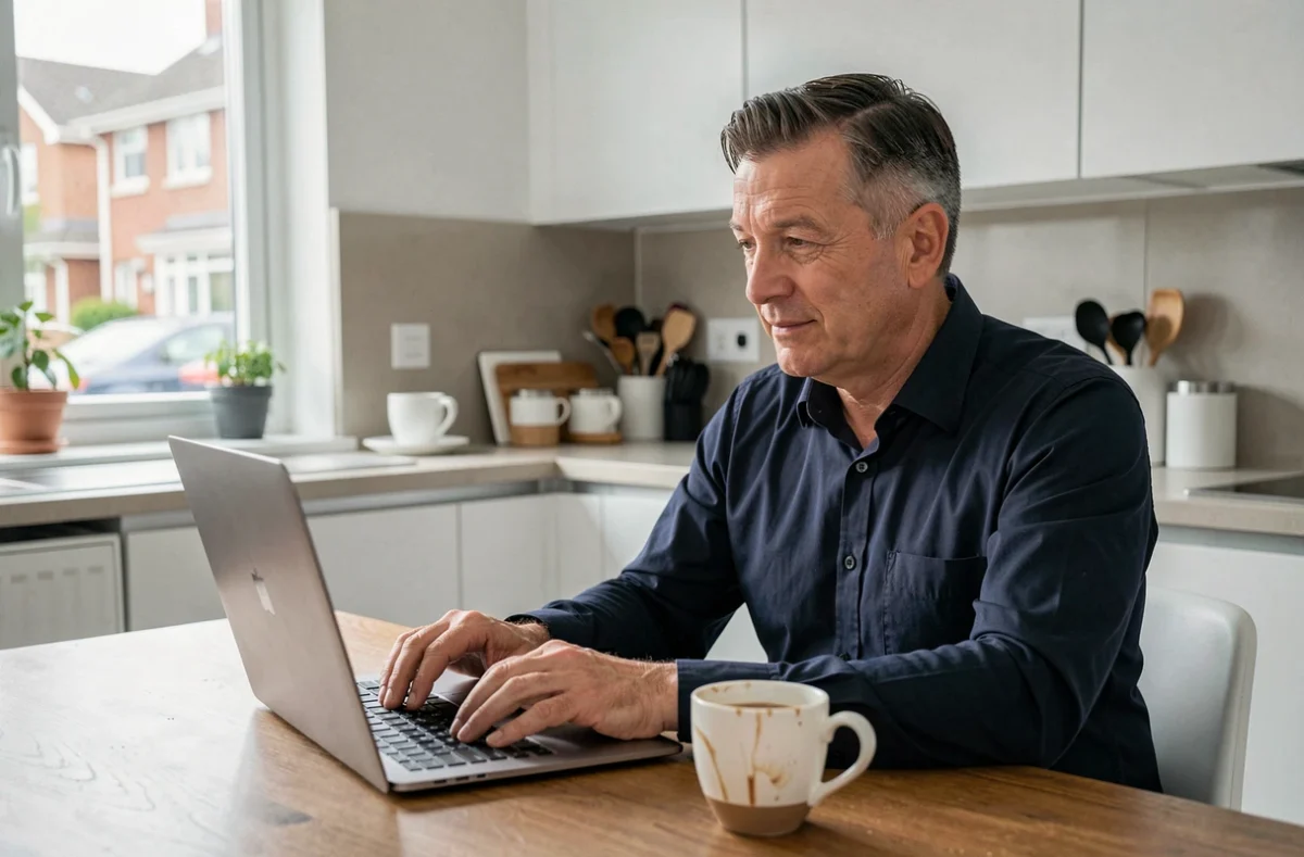Homme consultant un centre de soins en ligne sur son ordinateur portable dans une cuisine moderne