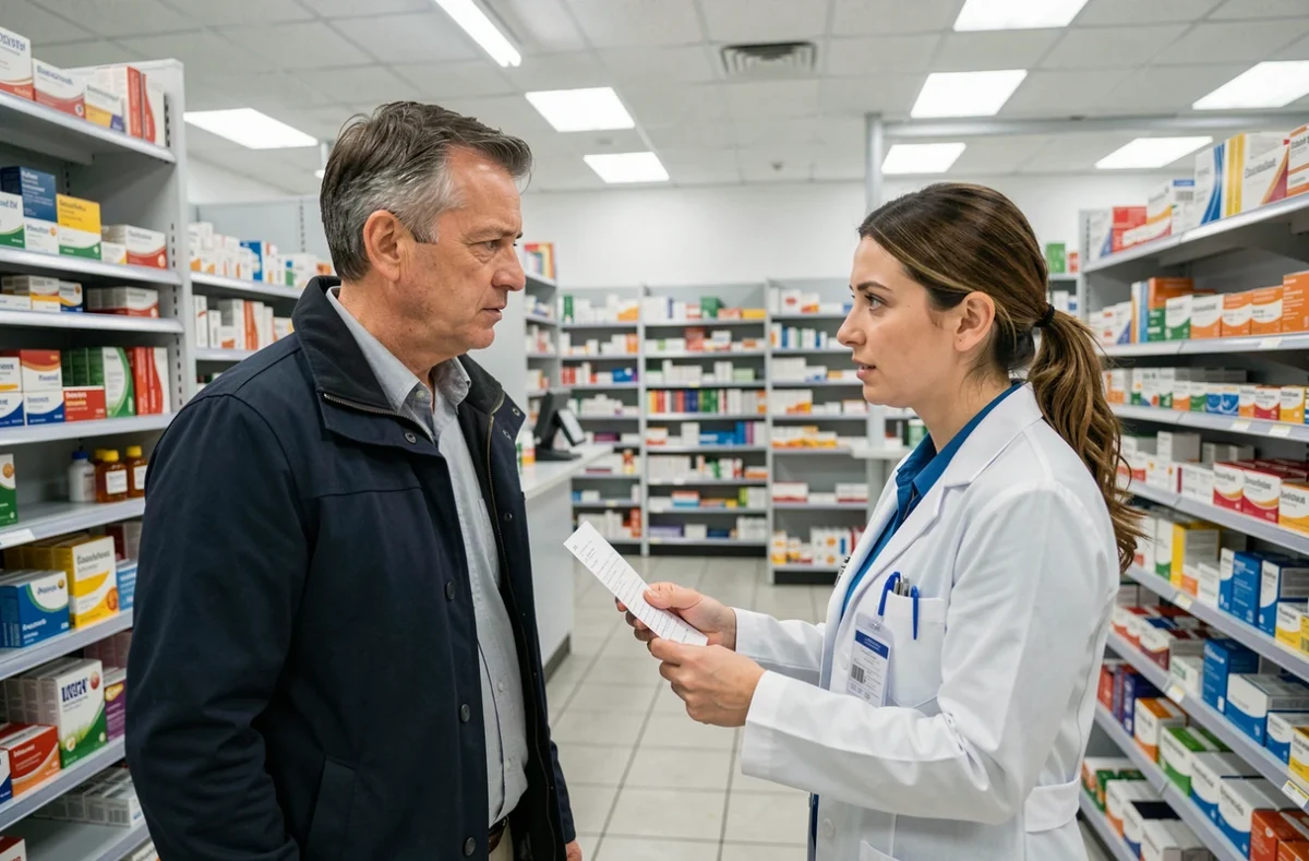 Homme de 45 ans en pharmacie consultant une pharmacienne avec une ordonnance, illustration des nouveaux symptômes du variant Covid en 2026
