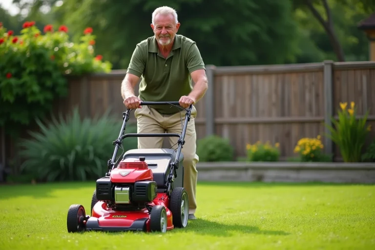 Homme utilisant une tondeuse Viking dans un jardin résidentiel bien entretenu en été