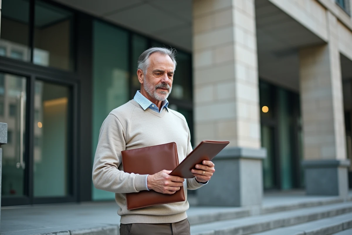 Homme d affaires regardant son CV devant un bâtiment