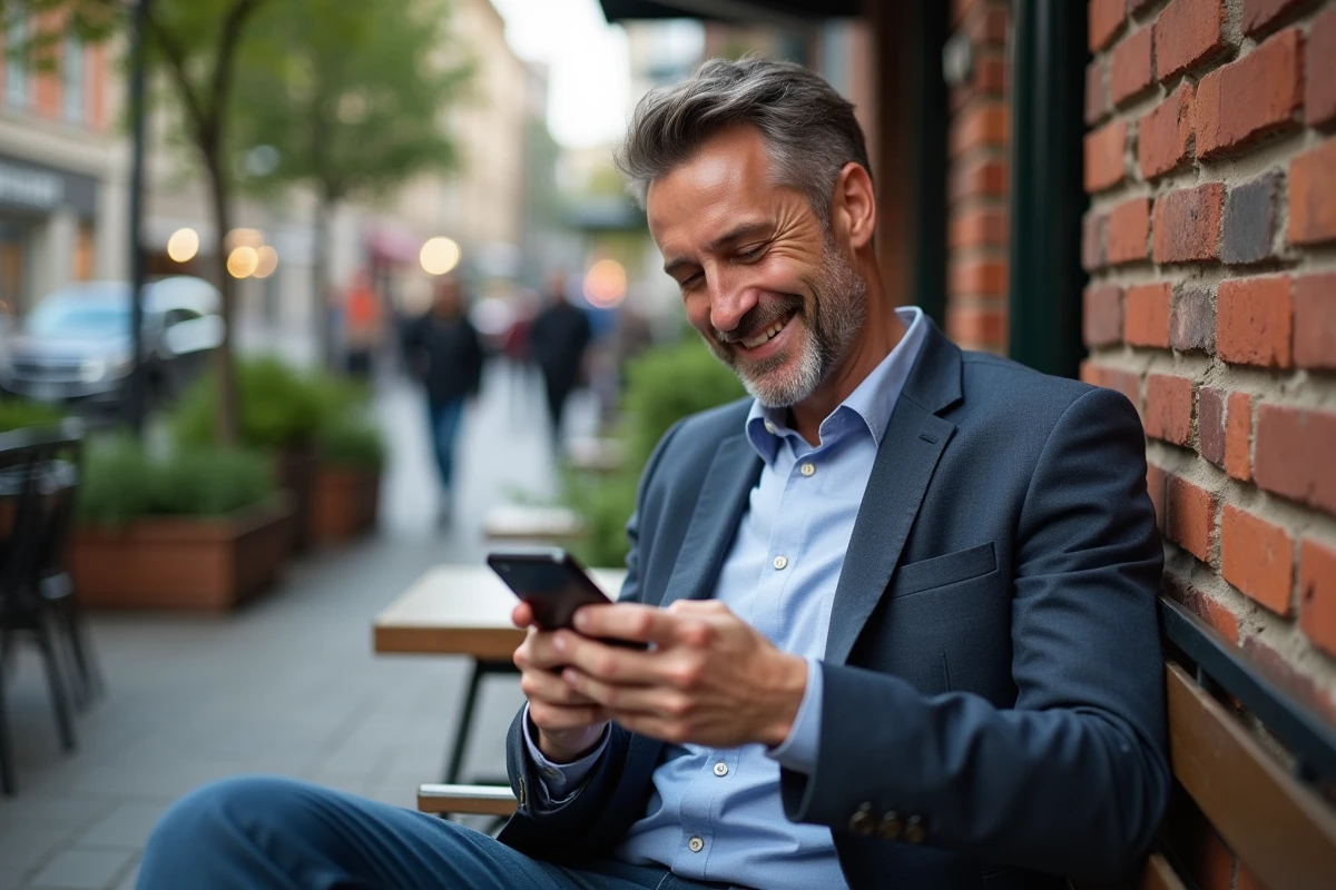 Homme détendu consulte son smartphone dans un café urbain
