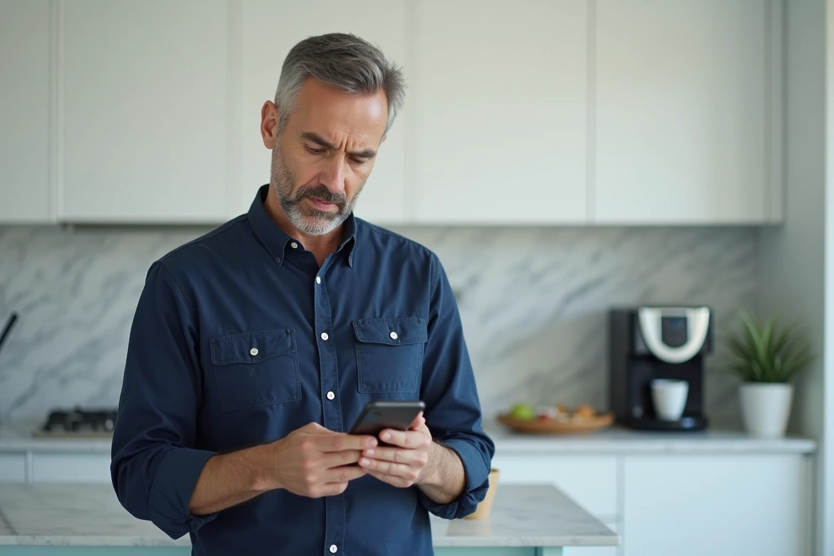 Homme consultant des témoignages en ligne sur son téléphone portable dans une cuisine moderne, évaluant la fiabilité des avis consommateurs