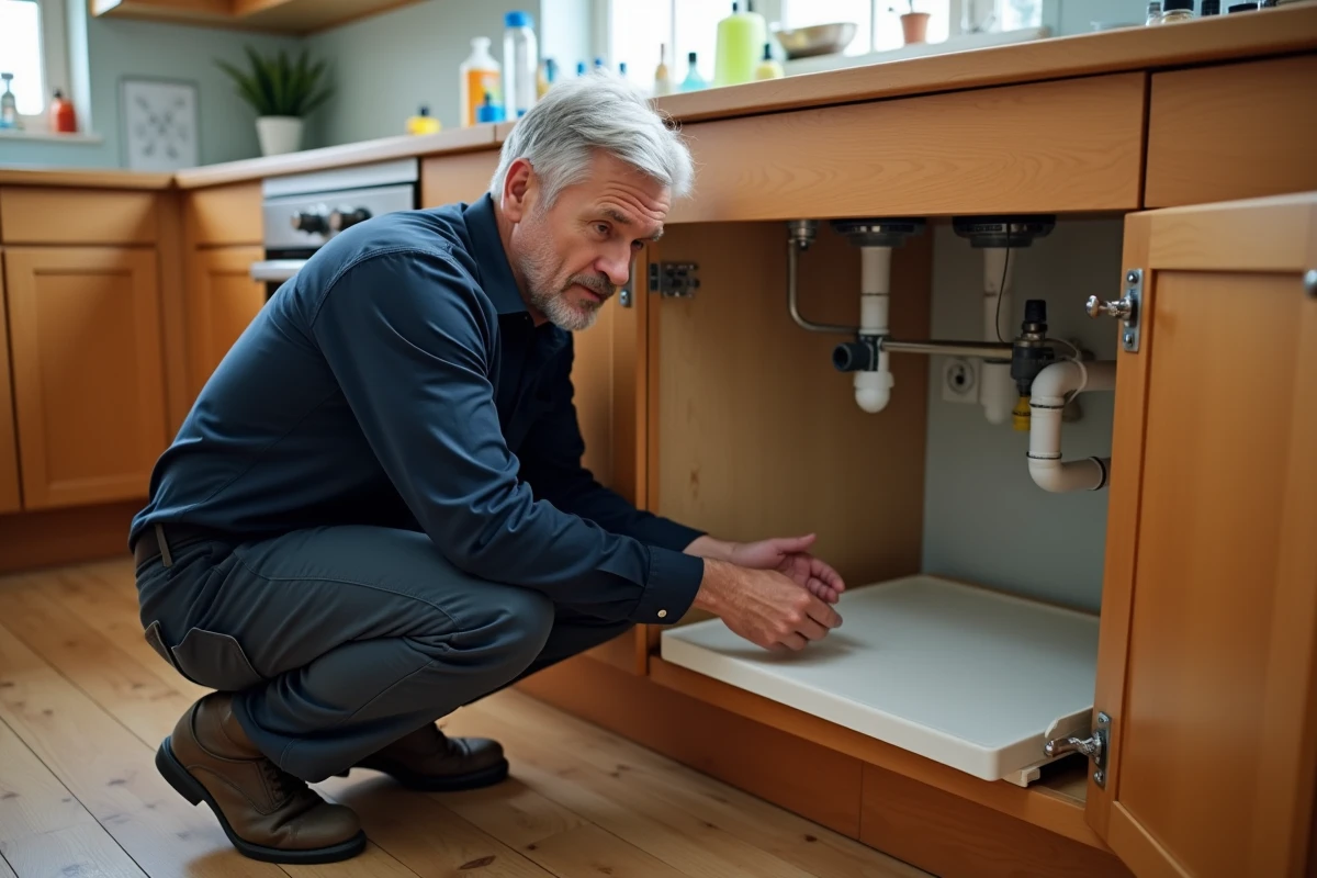 Homme installant un panneau anti-humidité à l'intérieur d'un meuble de cuisine sous l'évier pour prévenir les dégâts de l'humidité
