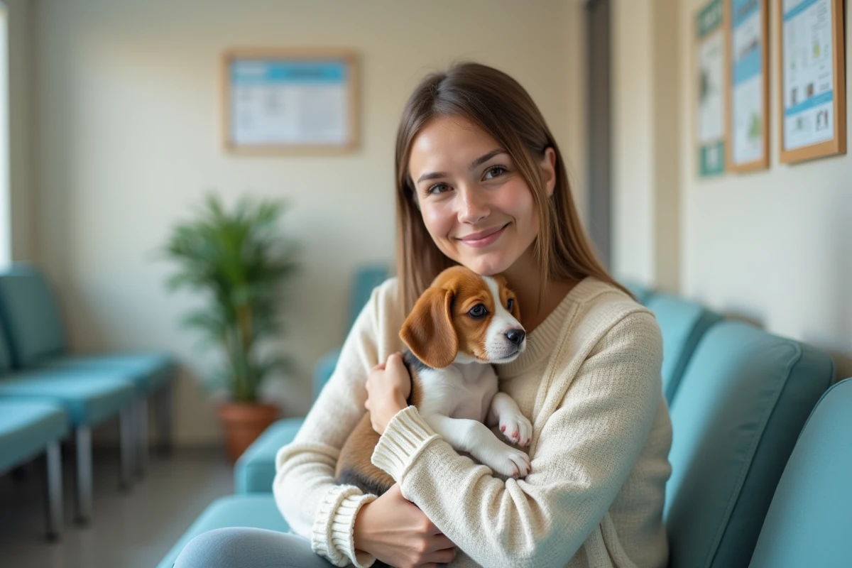 Jeune femme tenant un chiot beagle dans une salle d'attente vétérinaire, symbolisant l'importance de protéger la santé de son animal avec une assurance adaptée