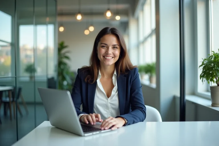 Jeune femme en blazer assise au bureau moderne