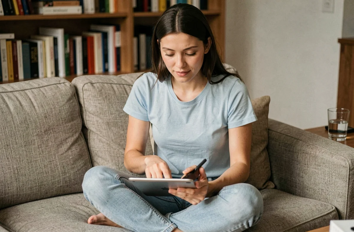 Jeune femme envoyant un message à un centre d'accompagnement en ligne via une tablette dans son salon