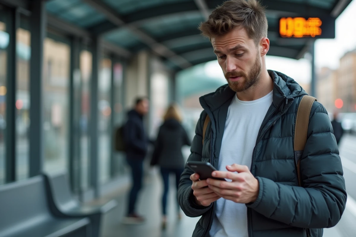 Jeune homme suivant les actualites sur son smartphone dans la ville