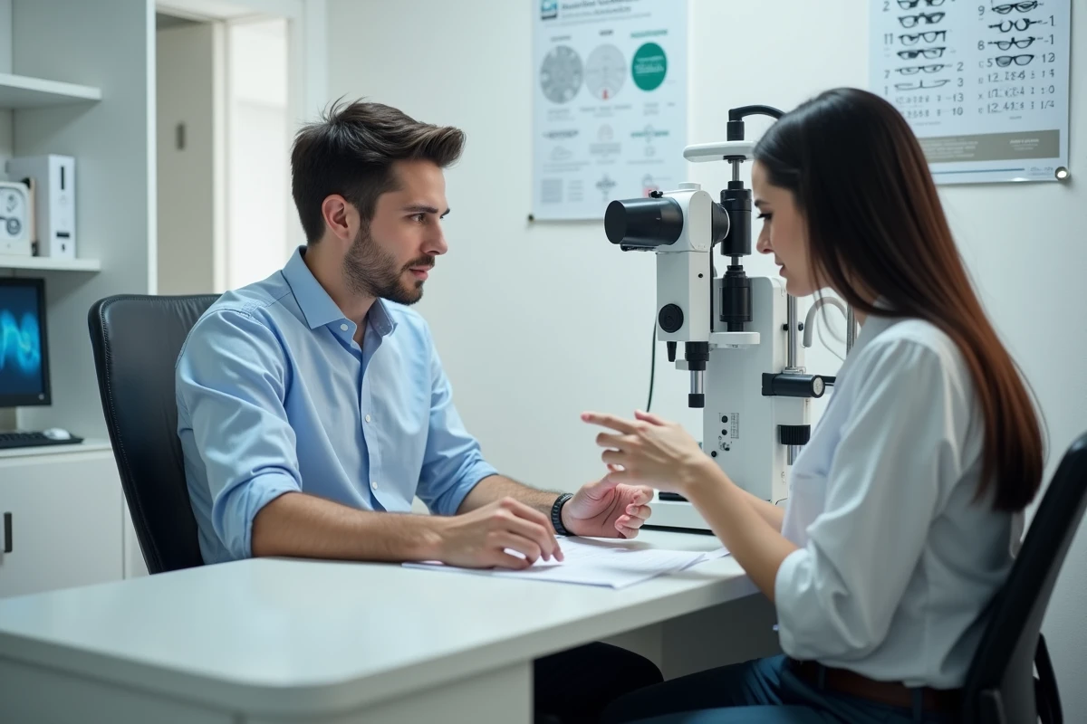 Jeune homme discutant avec un optometrist au cabinet