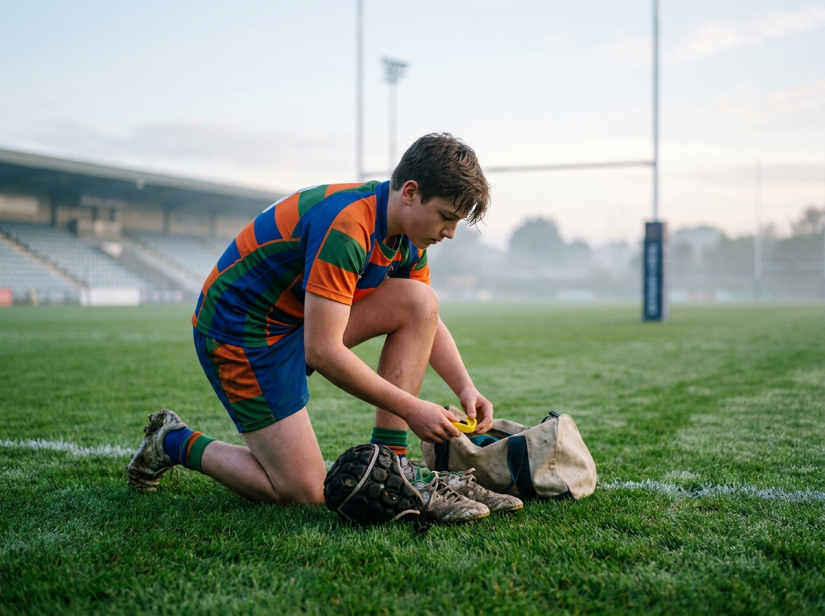Jeune joueur de rugby ajustant son équipement sur le terrain