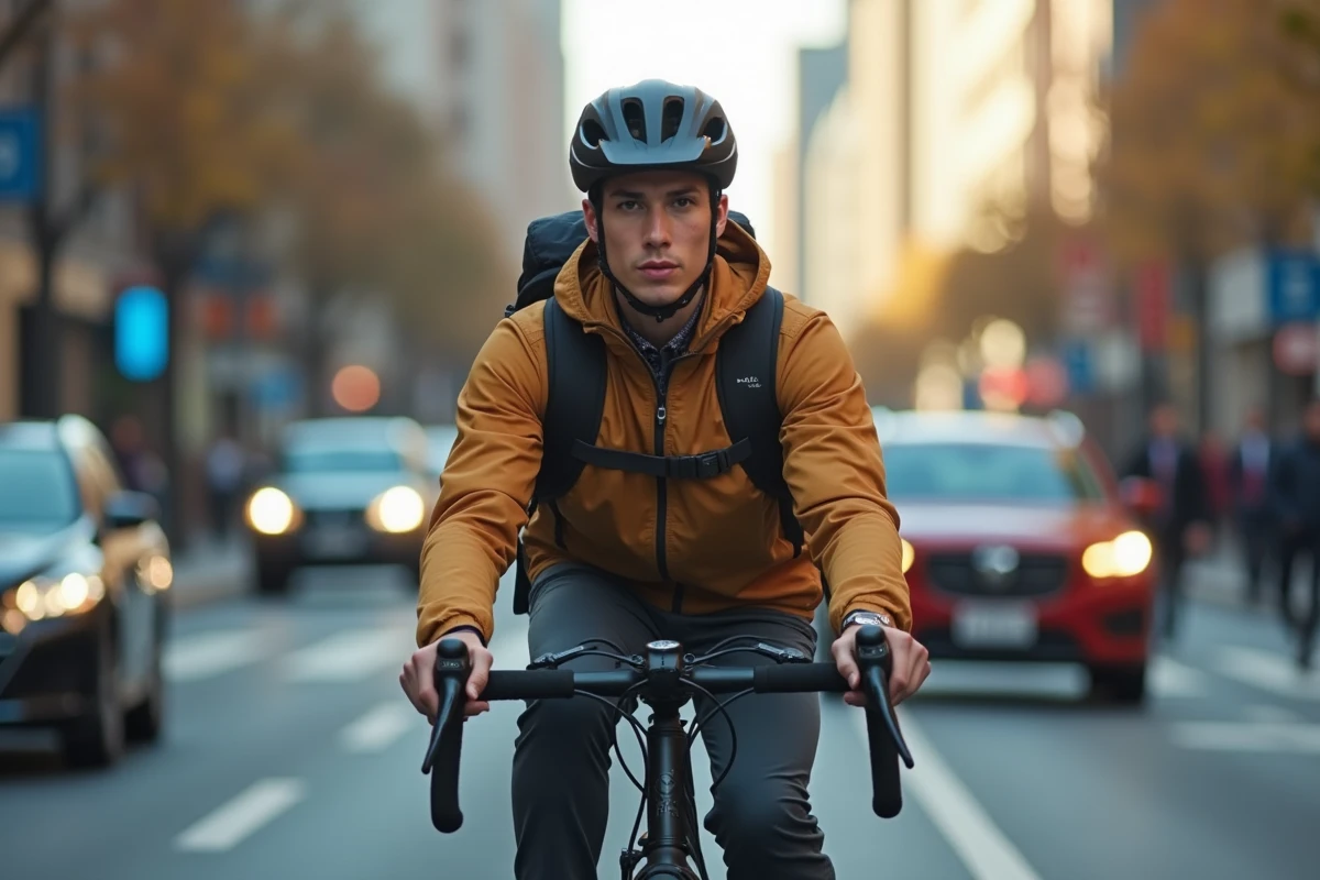 Livreur à vélo électrique portant un sac à dos de livraison traversant une rue urbaine animée en heure de pointe