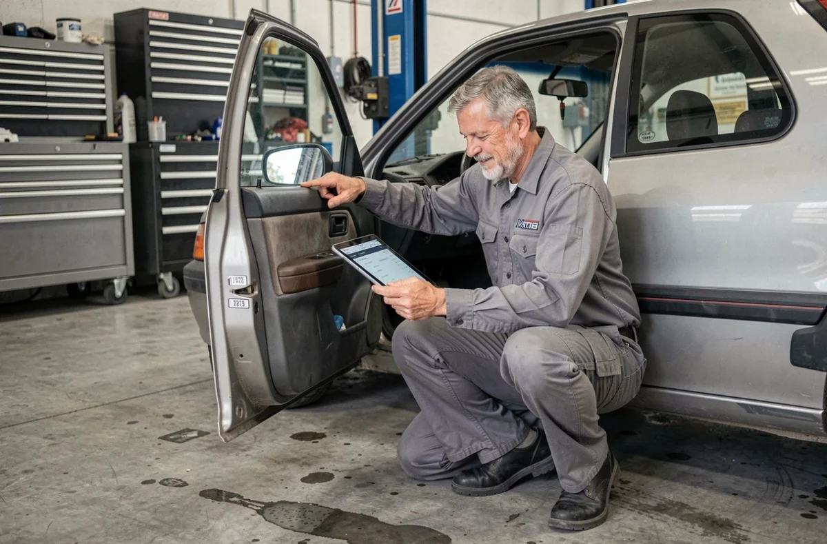 Mécanicien vérifiant le numéro VIN d'une voiture classée RSV avec une tablette de diagnostic dans un garage automobile