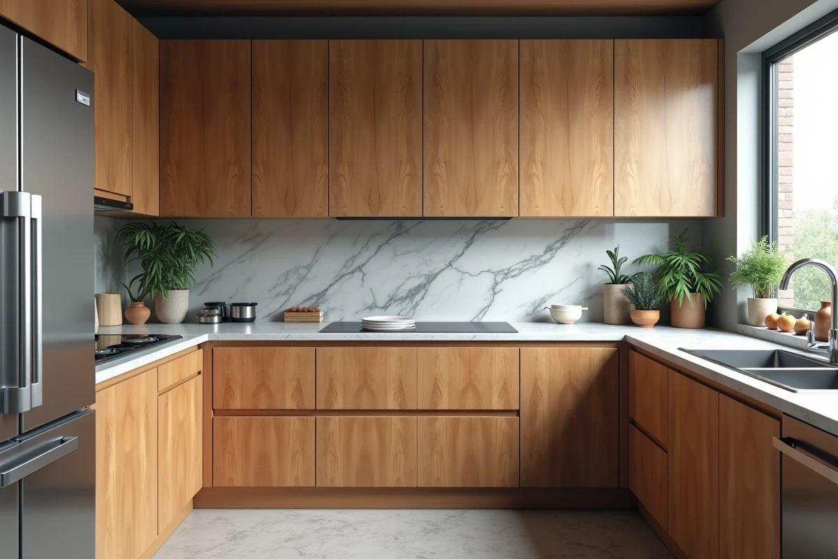 Vue d'ensemble d'une cuisine montrant des meubles en bois endommagés par l'humidité comparés à des meubles protégés et en bon état