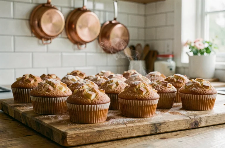 Plateau de muffins aux pommes faits maison dorés et caramélisés sur une planche en bois rustique dans une cuisine