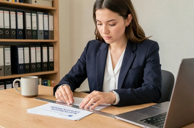 Jeune femme préparant la page de garde de son rapport de stage à son bureau avec des documents imprimés