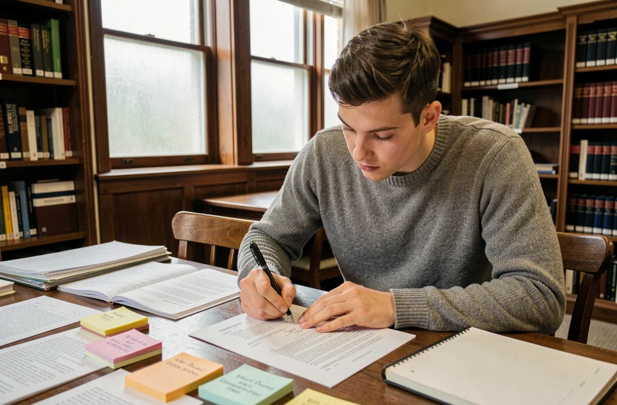 Étudiant annoté la pagination de son rapport de stage dans une bibliothèque universitaire