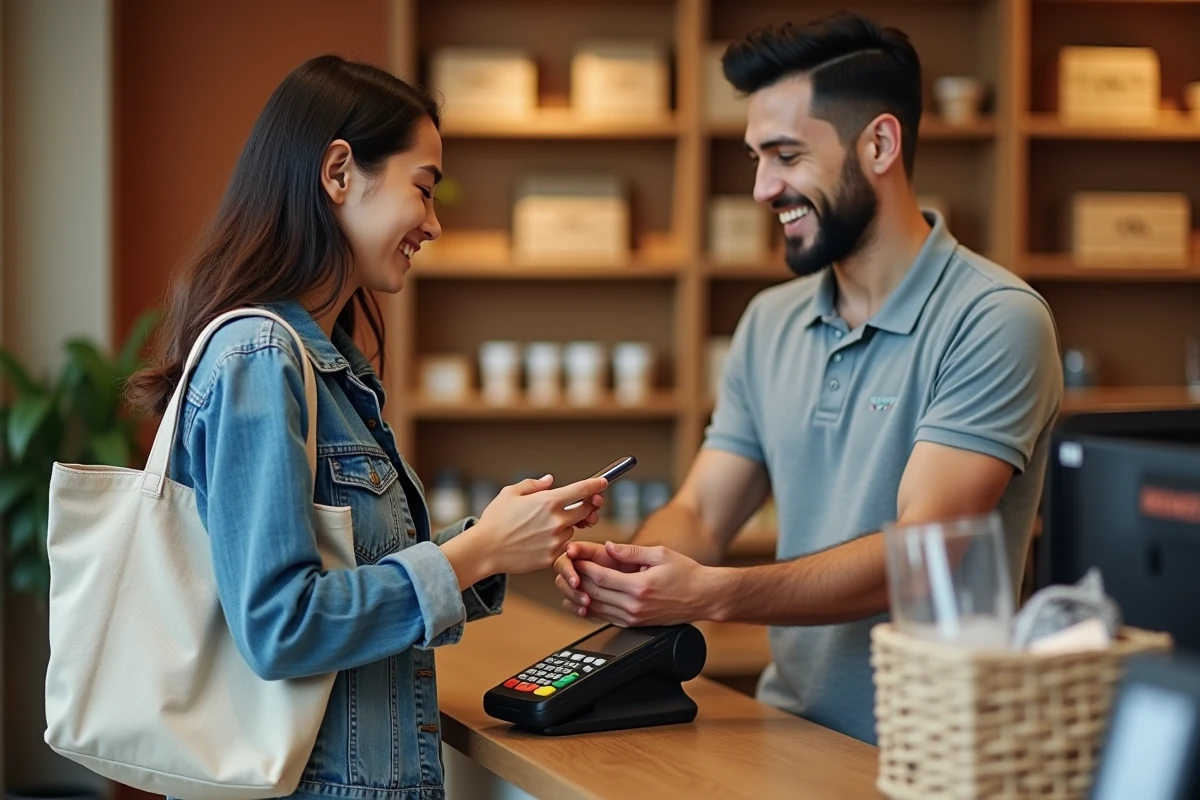 Une jeune femme effectue un paiement sans contact en magasin, illustrant une transaction BtoC entre un consommateur et un détaillant