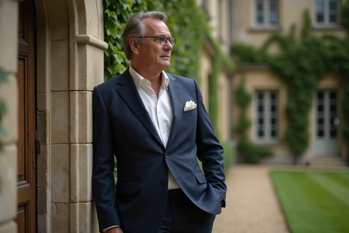 Portrait élégant d'un musicien classique en costume marine devant les pierres anciennes d'un château avec jardin à la française en arrière-plan