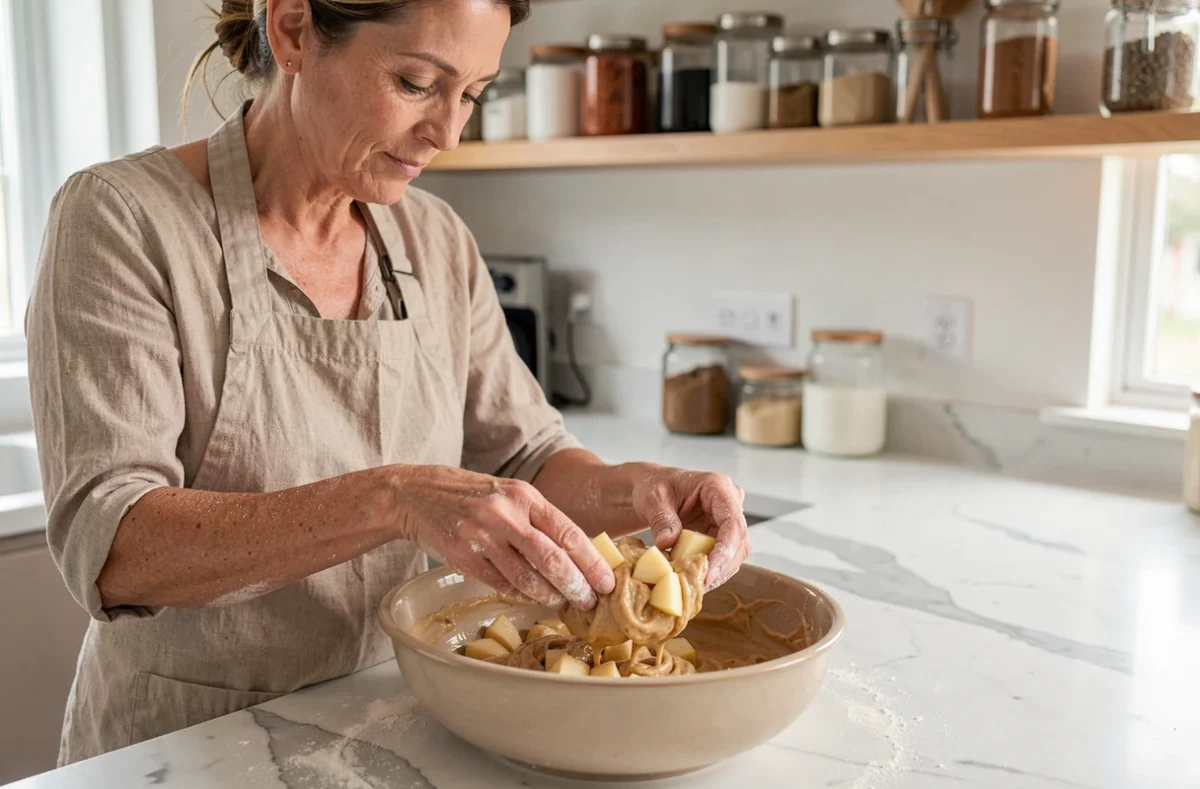 Femme incorporant des morceaux de pomme dans la pâte à muffins dans un bol en céramique sur un plan de travail en marbre