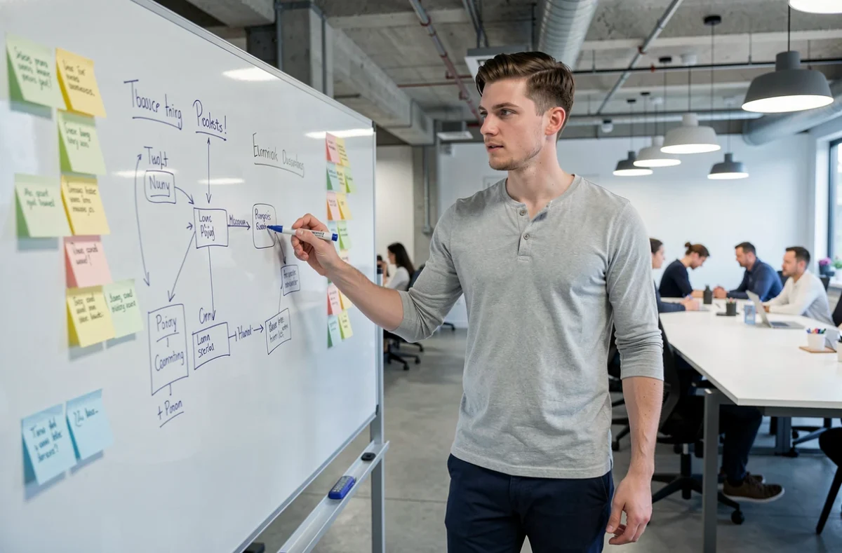 Jeune entrepreneur présentant son projet sur un tableau blanc dans un espace d'incubation d'entreprises