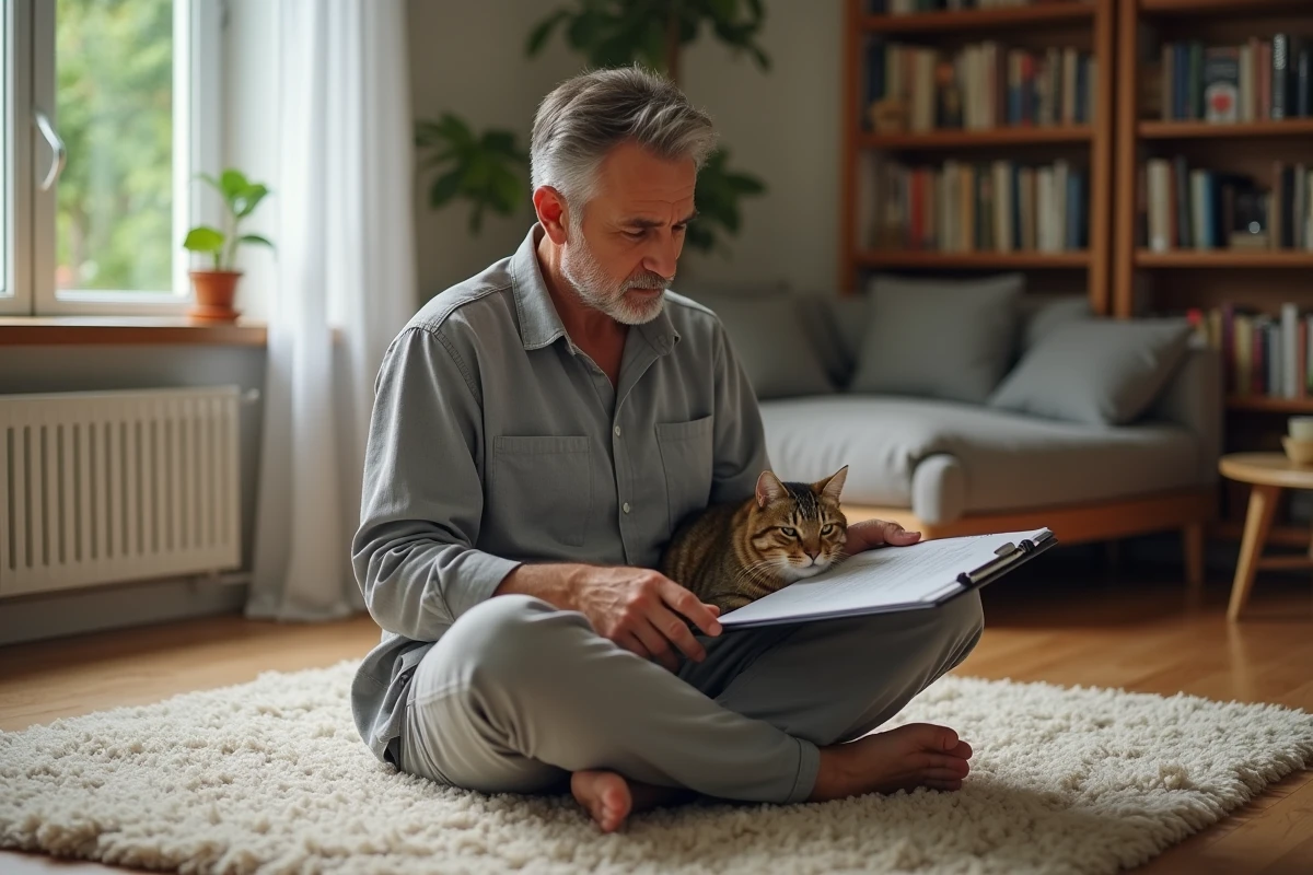 Propriétaire d'un chat consultant des documents d'assurance santé animale dans un salon chaleureux, illustrant la souscription d'une mutuelle pour animal de compagnie
