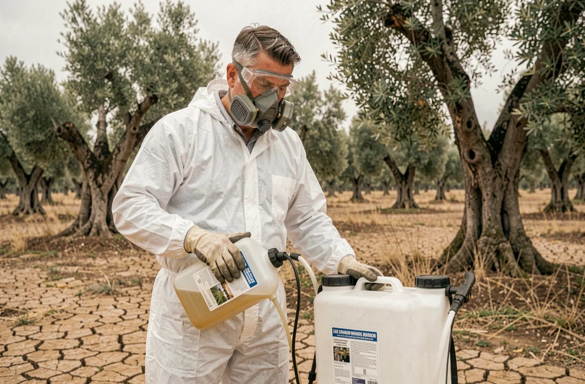Travailleur agricole équipé de protection individuelle préparant un traitement au glyphosate dans une oliveraie portugaise